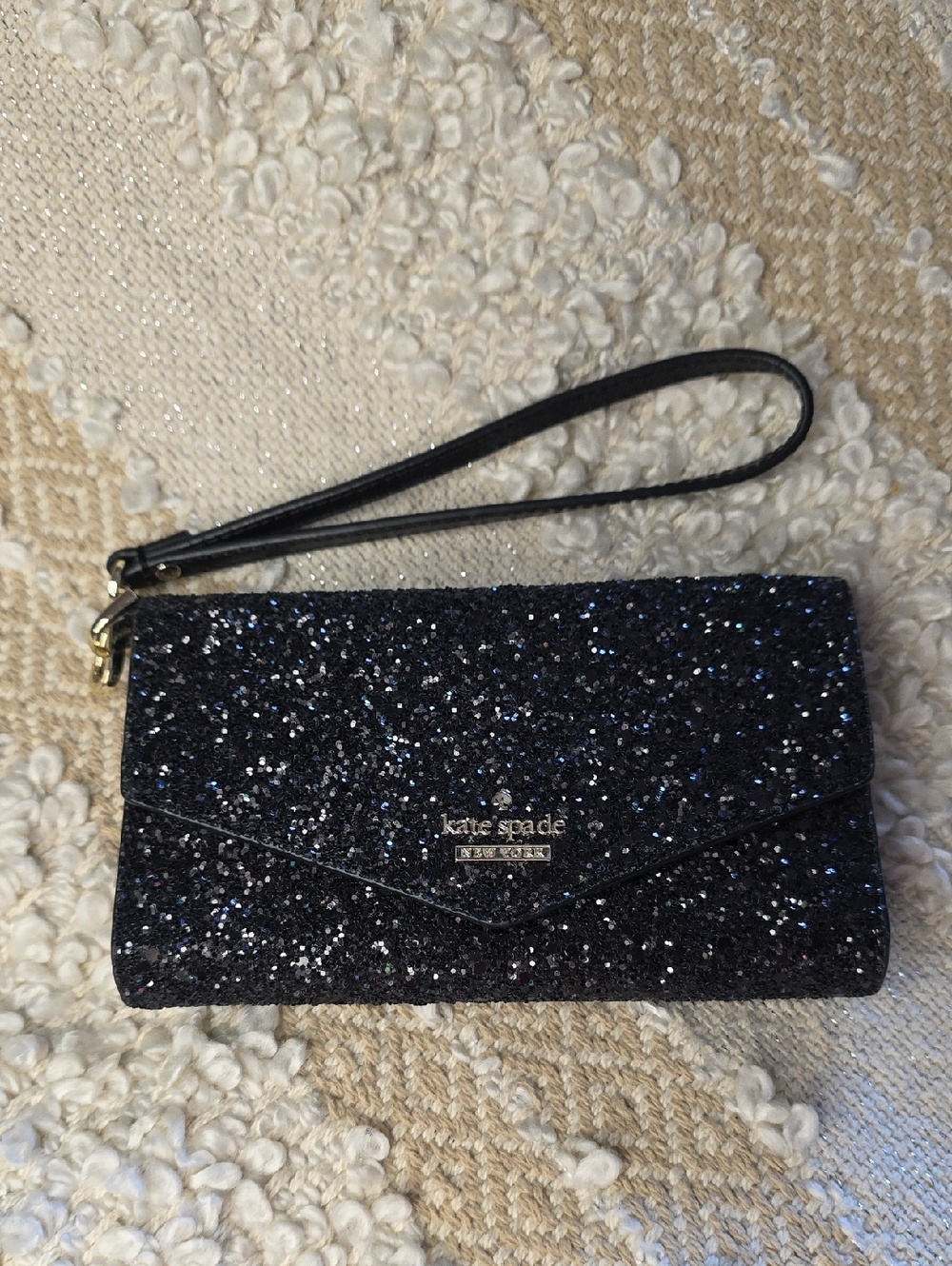 kate spade Black Glitter Wallet Small Phone Or Gloss Wristlet Clutch